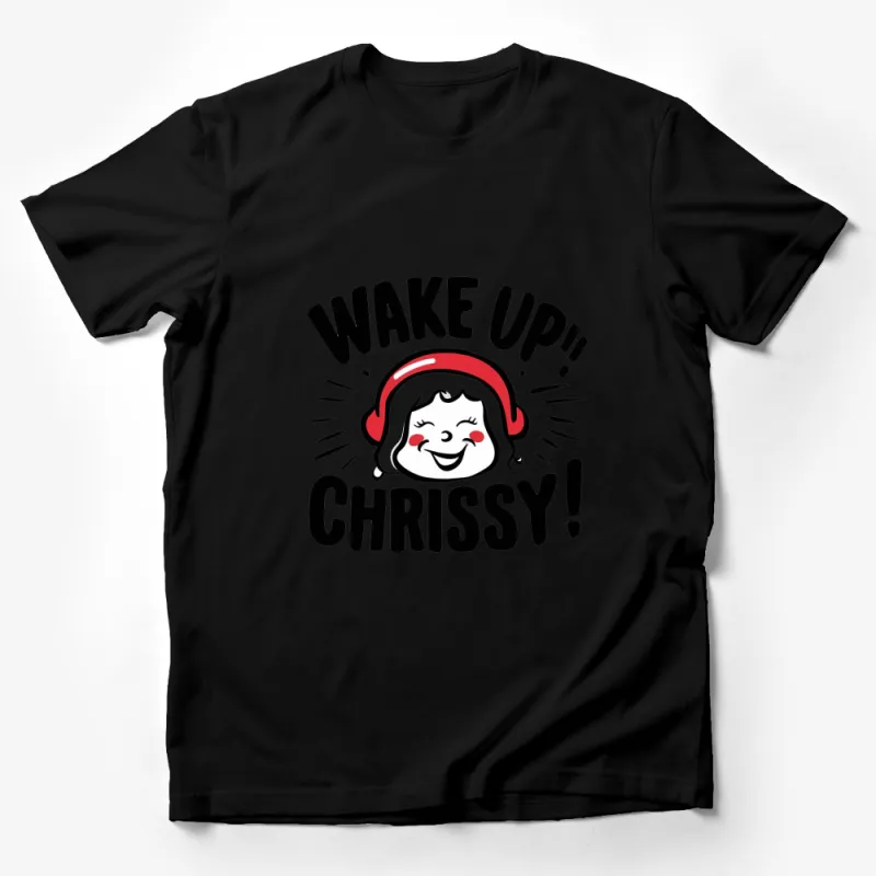 Wake Up Chrissy! Funny Cartoon Face Graphic T-Shirt, Red Headphones Design Male T-Shirt