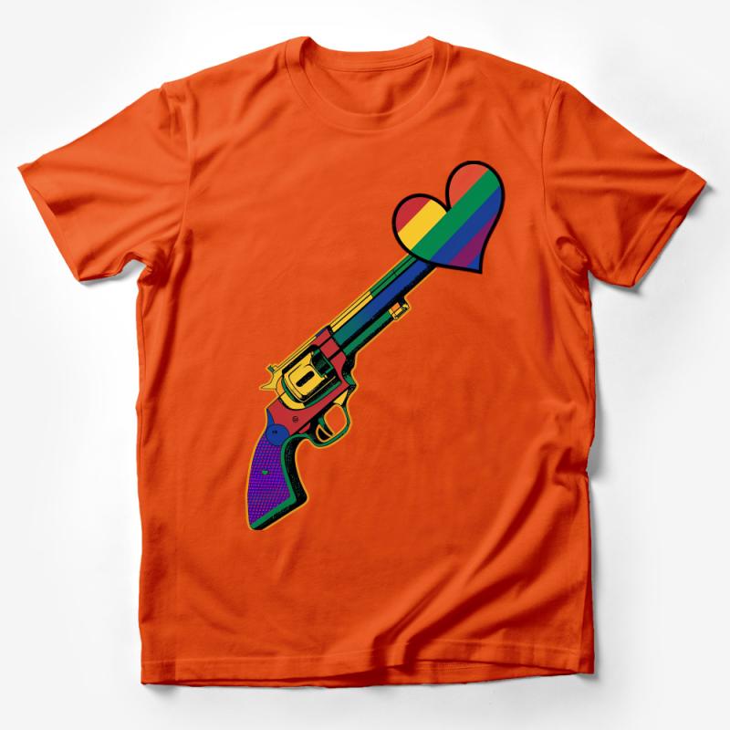 Colorful Pop Art Love Gun T-Shirt, Rainbow Heart Revolver Graphic Tee, Unisex Fashion Statement Top, Bold Pride Wear Male T-Shirt