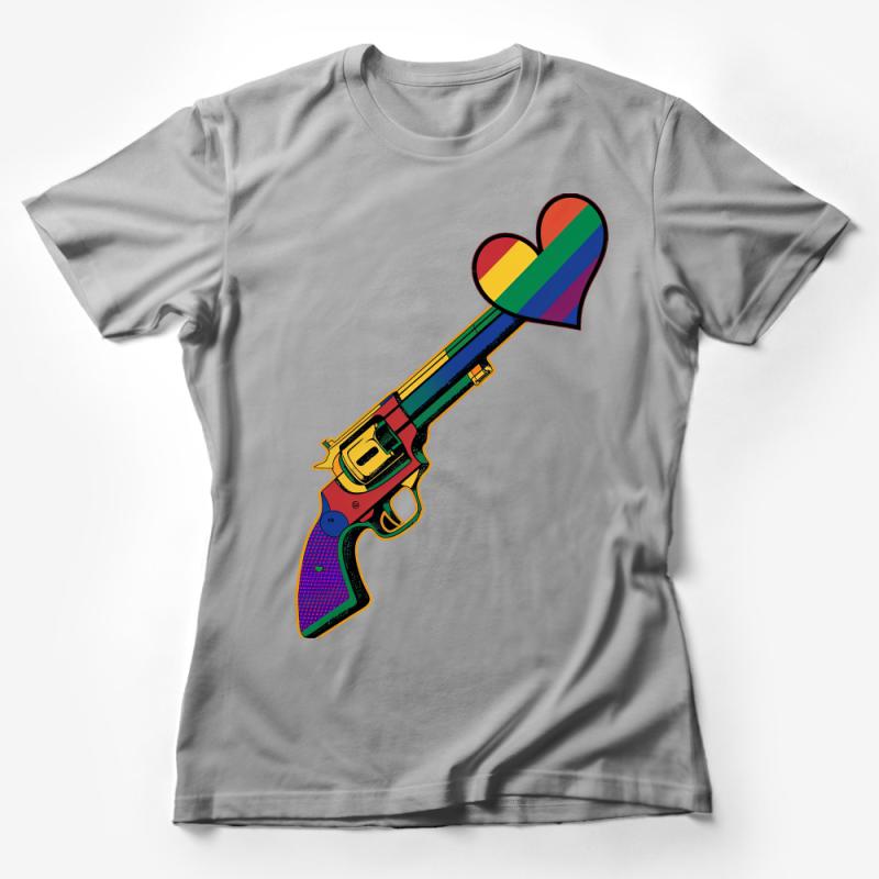 Colorful Pop Art Love Gun T-Shirt, Rainbow Heart Revolver Graphic Tee, Unisex Fashion Statement Top, Bold Pride Wear Female T-Shirt