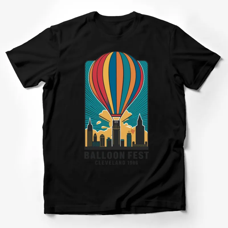 Vintage 1986 Cleveland Balloon Fest T-Shirt, Retro Hot Air Balloon Graphic Tee, Colorful Skyline Design, Unisex Casual Wear Male T-Shirt