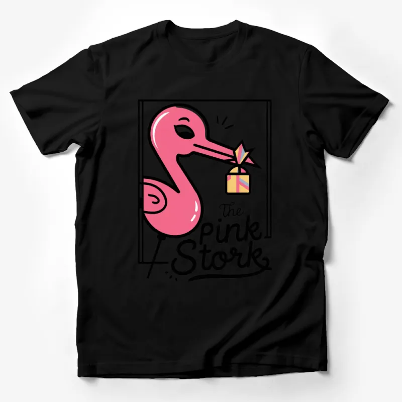 Pink Stork T-Shirt, Gift Giving Bird Graphic Tee, Cute Cartoon Flamingo T-Shirt Design, Unique Animal Shirt Male T-Shirt