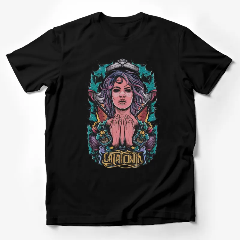 Gothic Fantasy Woman T-Shirt, Colorful Tattoo Style Art, Unique Graphic Tee, Mystical Medusa Design, High-Quality Unisex Shirt Male T-Shirt