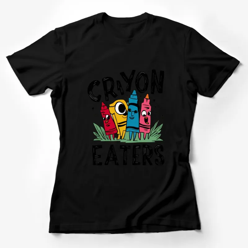 Colorful Crayon Eaters Graphic T-Shirt, Fun Cartoon Crayons Design Tee, Unique Gift for Artists Female T-Shirt