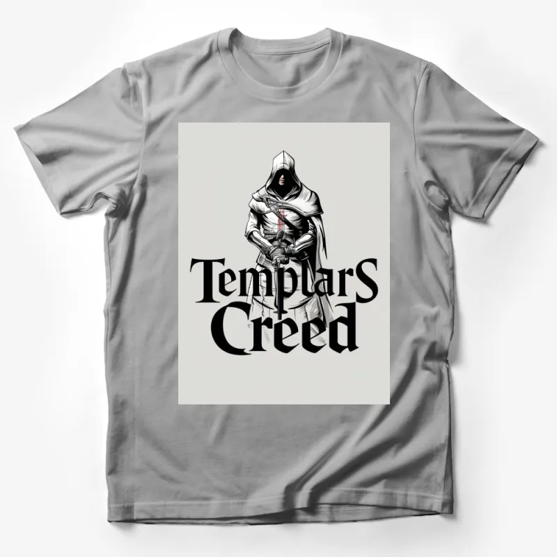 Templars Creed Hooded Warrior Graphic T-Shirt, Medieval Fantasy Assassin Design, Unisex Casual Wear Male T-Shirt