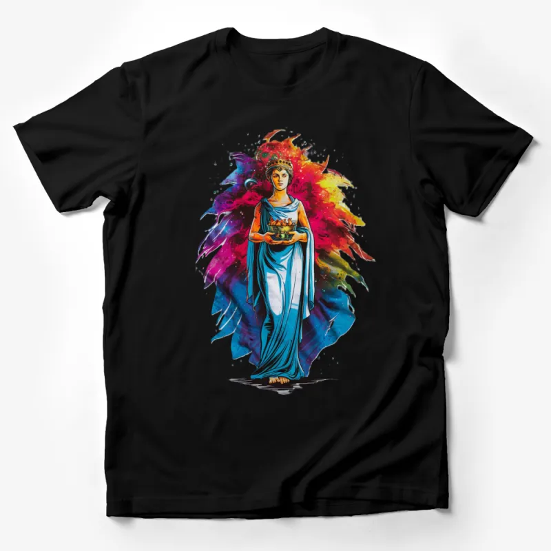 Colorful Greek Goddess Art T-Shirt, Mythical Figure in Vibrant Watercolor Splash, Unique Graphic Tee Male T-Shirt