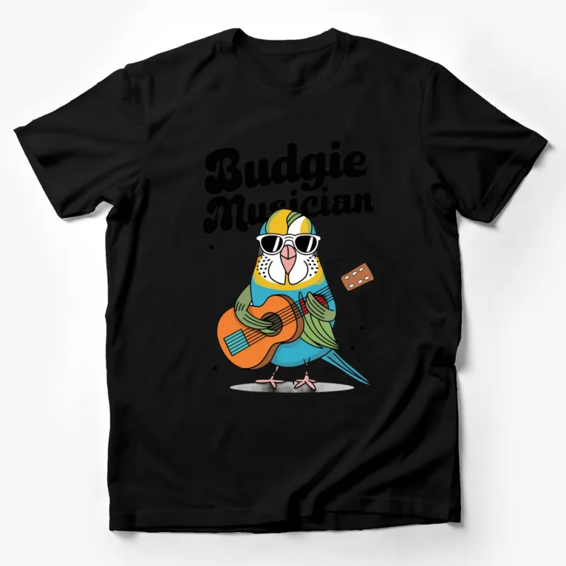 Budgie Musician T-Shirt, Cute Parakeet Playing Guitar, Colorful Bird Lovers Tee, Unique Animal Music Gift Male T-Shirt