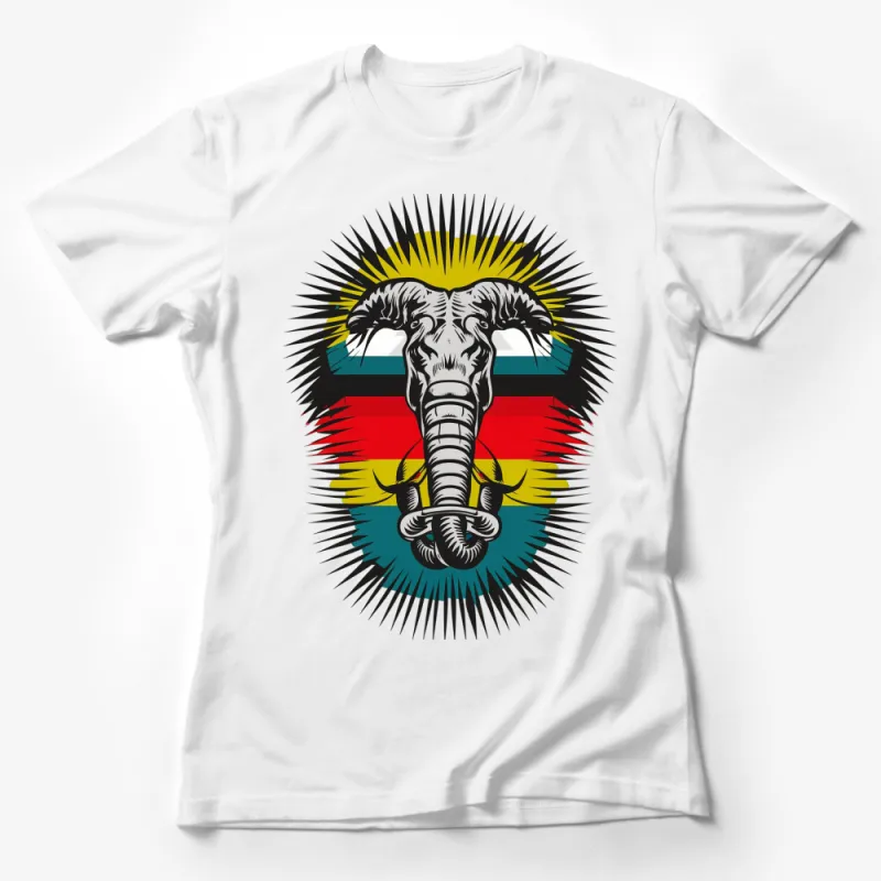 Vibrant Elephant Graphic T-Shirt, Sunburst Design with Colorful Stripes, Unisex Tee Female T-Shirt