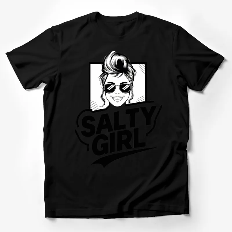 Salty Girl T-Shirt, Retro Hairdo and Sunglasses, Black and White Graphic Tee, Women's Casual Fashion Top Male T-Shirt