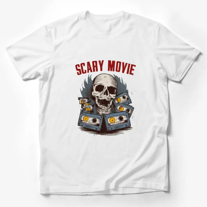 Scary Movie Skull and Vintage Cassette Tapes Graphic T-Shirt, Horror Film Fan Apparel, Unique Halloween Shirt Design Male T-Shirt