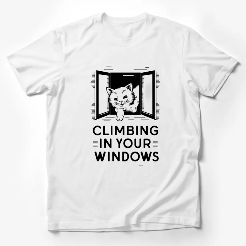 Cute Cat Climbing in Your Windows T-Shirt, Funny Cat Lover Gift, Graphic Tee, Black and White Male T-Shirt