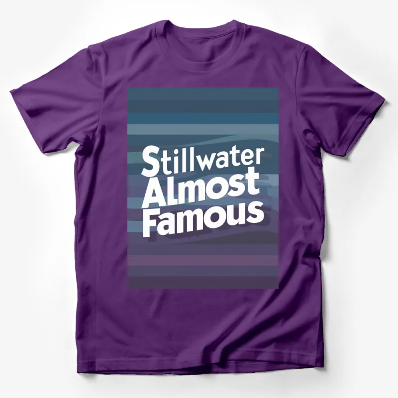 Stillwater Almost Famous Retro Graphic T-Shirt, Vintage Inspired Blue Text Tee, Unique Gift Idea Male T-Shirt