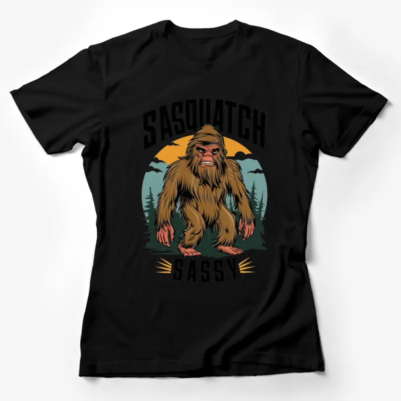 Sassy Sasquatch Graphic T-Shirt, Funny Bigfoot Tee, Retro Style, Nature Background, Unisex Female T-Shirt