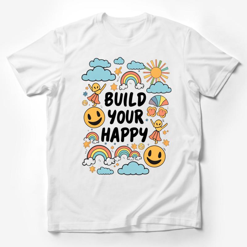 Inspirational Quote T-Shirt, Build Your Happy, Smiley Face Sun Rainbow Tee, Positive Message, Colorful Graphic Shirt for All Ages Male T-Shirt