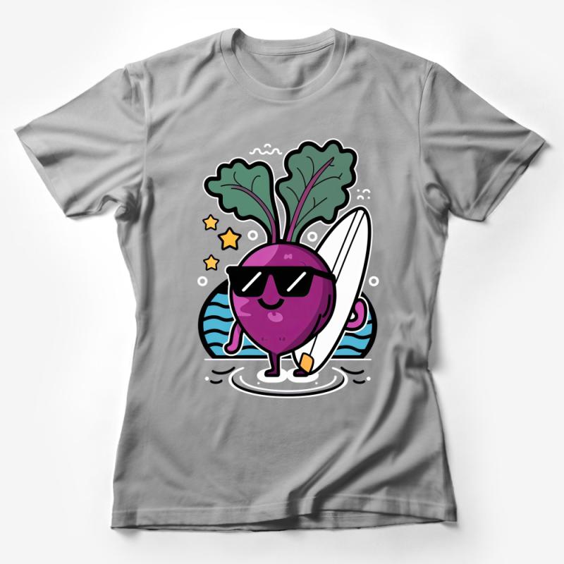 Funny Surfing Beet Vegetable Cartoon T-Shirt, Summer Beach Surf Tee, Cool Veggie Lover Shirt, Unisex Graphic Tee for All Ages Female T-Shirt