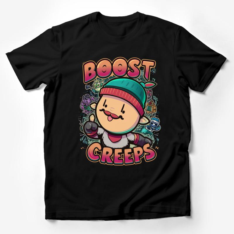 Cute Cartoon Character T-Shirt, Colorful Boost Creeps Graphic Tee, Unisex Casual Clothing, Fun Illustration Apparel Male T-Shirt