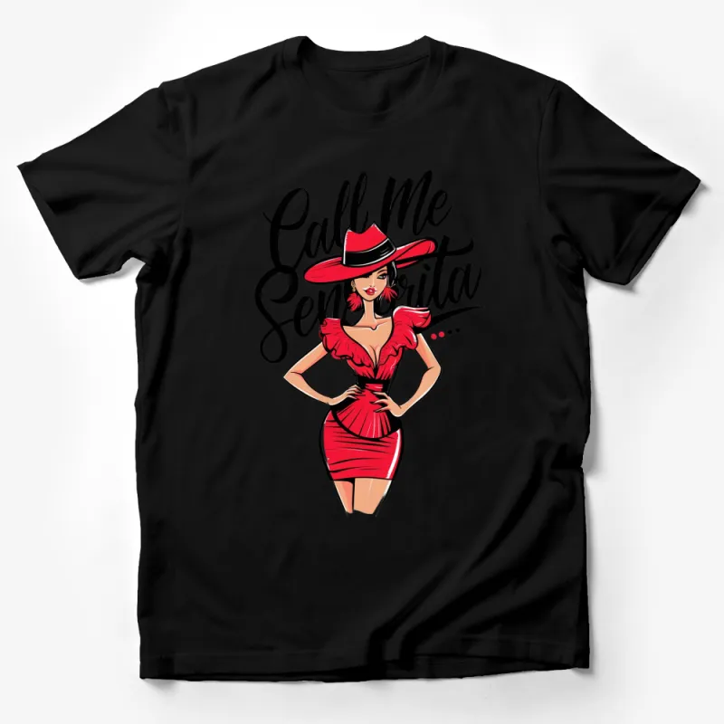 Call Me Senorita T-Shirt, Red and Black, Fashion Illustration Tee, Bold Modern Women's Clothing Male T-Shirt