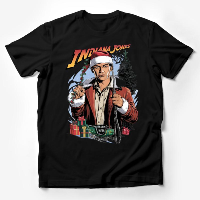 Indiana Jones Christmas T-Shirt, Holiday Adventurer Tee, Festive Movie Character Top, Unique Gift for Movie Fans, Santa Hat Graphic Shirt Male T-Shirt