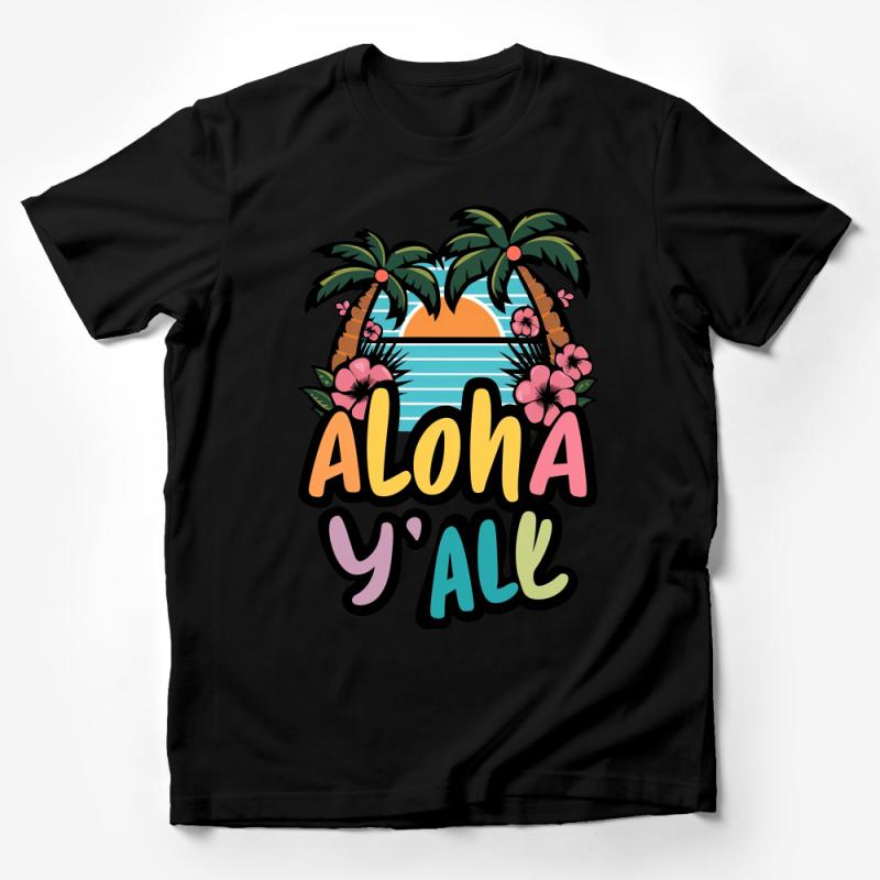 Tropical Aloha Y'all T-Shirt, Palm Tree Sunset Graphic Tee, Beach Vacation Southern Style Shirt, Summer Casual Unisex Top Male T-Shirt