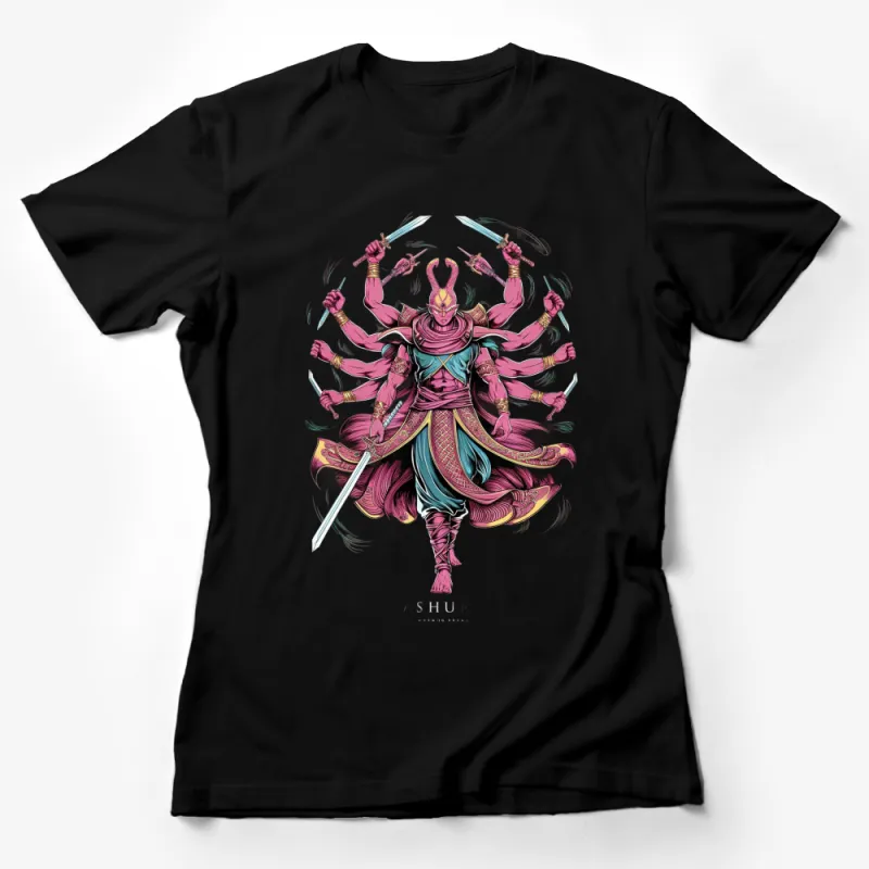 Multi-Armed Warrior T-Shirt, Vibrant Pink and Blue, Mythical Fighter Illustration, Unique Graphic Tee, Gifts for Gamers Female T-Shirt