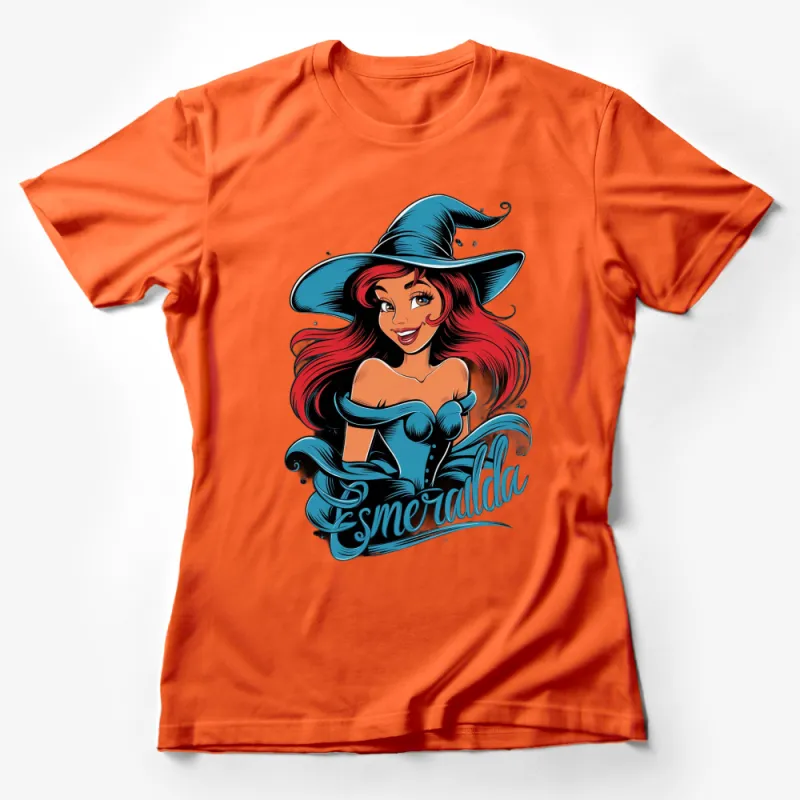 Esmeralda Witch Graphic T-Shirt, Colorful Witch Hat Design, Stylish Halloween Tee, Blue and Red Female T-Shirt