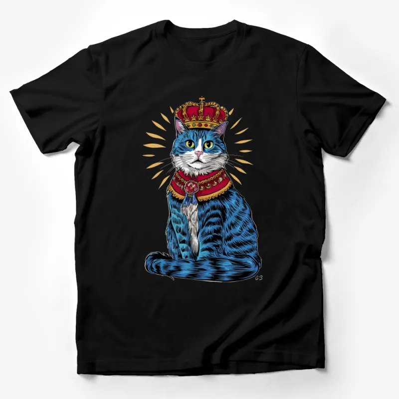 Regal Cat King T-Shirt, Majestic Blue Cat with Crown, Royal Feline Lover Gift, Unisex Graphic Tee Male T-Shirt