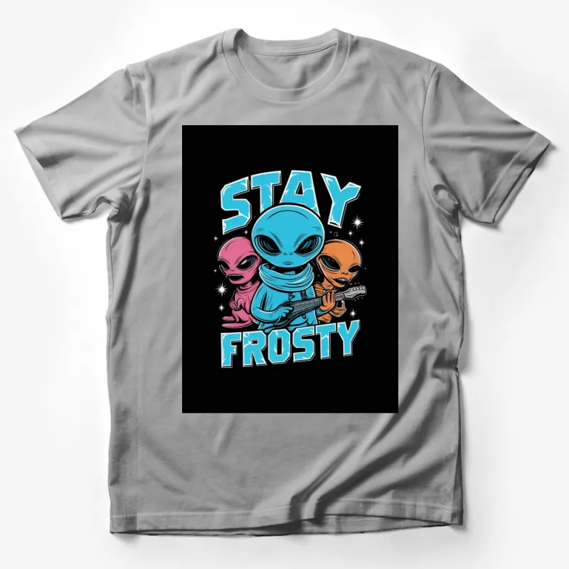 Stay Frosty Alien Band T-Shirt, Blue and Orange Aliens, Pop Art Style Sci-fi Gear Male T-Shirt