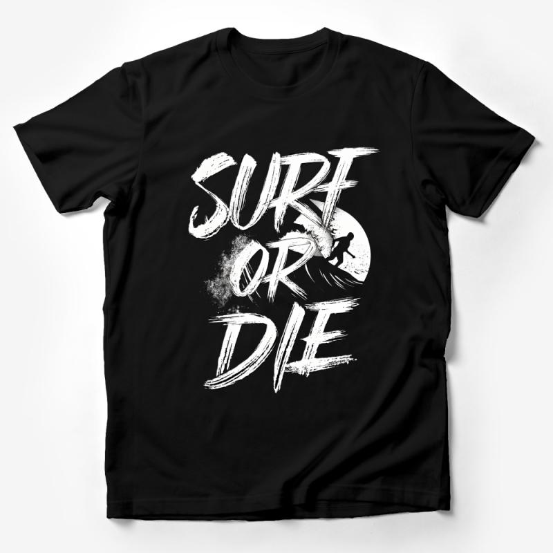 Graphic Surfing Tee Surf or Die Slogan, Unisex Summer Surf T-Shirt with Silhouette, Beach Casual Wear, Surf Culture Apparel Male T-Shirt