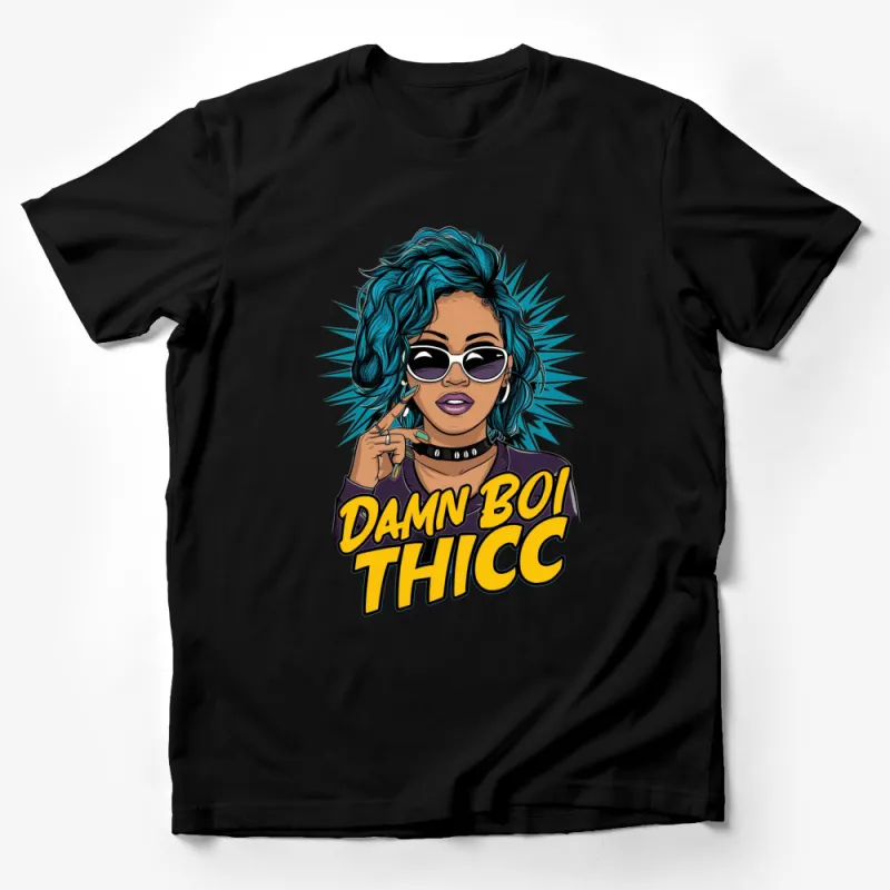 Trendy Urban Street Style T-Shirt, Damn Boi Thicc Slogan, Bold Graphic Tee with Blue Hair Woman Male T-Shirt