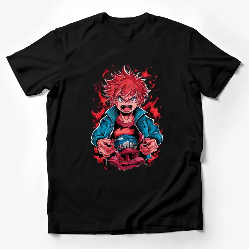 Anime-Inspired Red-Haired Character T-Shirt, Bold Graphic Print Tee, Unisex Manga Shirt Male T-Shirt