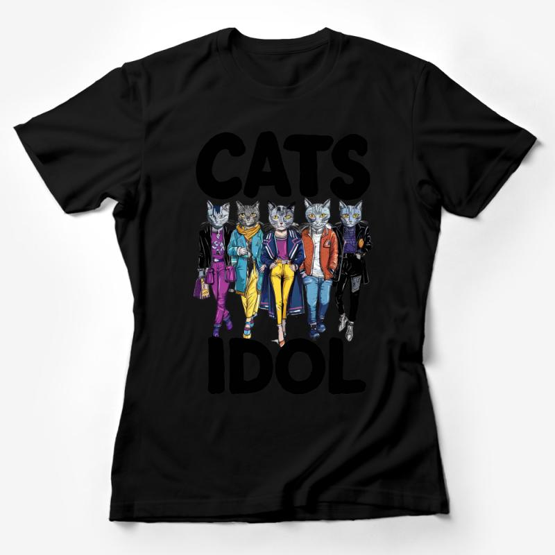 Unique Cat Idol Band T-Shirt, Stylish Musician Cats Graphic Tee, Fun Cat Lover Gift, Unisex Adult Clothing Female T-Shirt