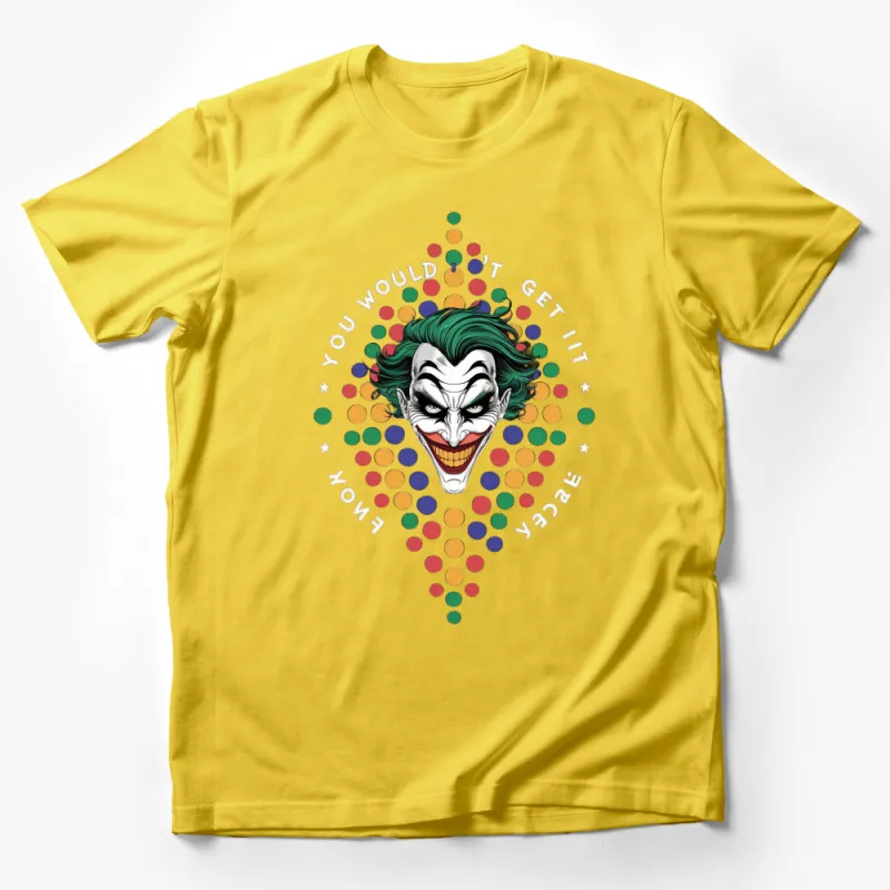 Colorful Dots and Joker Graphic T-Shirt, Comic Villain Tee, Quirky Pop Culture Apparel Male T-Shirt