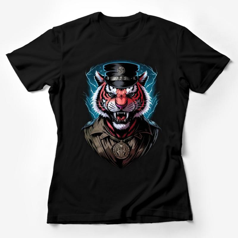 Graphic Tiger Tee, Military Style Animal Print, Bold Tiger Officer Design Shirt, Unique Sergeant Cat T-shirt, Unisex Apparel Female T-Shirt