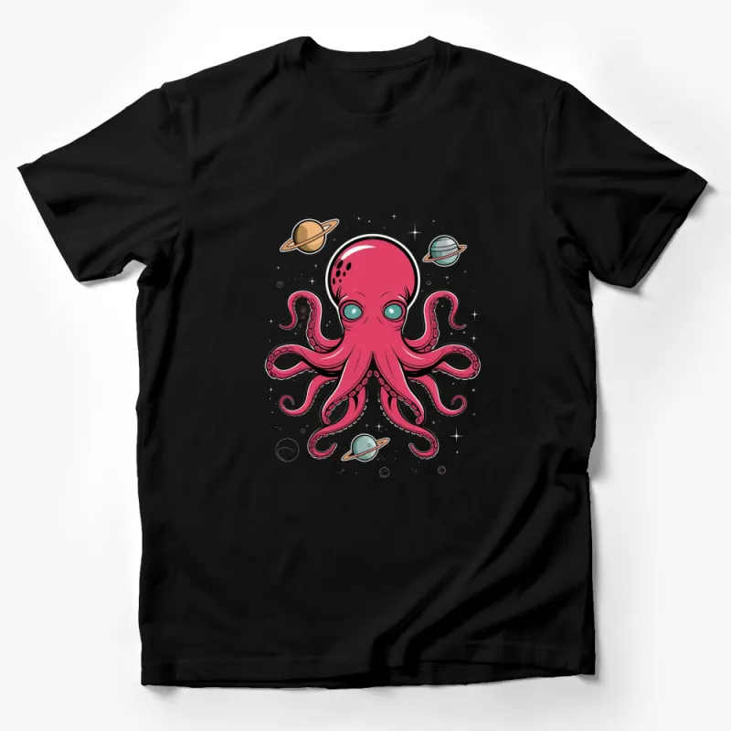 Octopus Space Adventure T-Shirt, Cosmic Octopus with Planets, Unique Graphic Tee, Unisex Adult Clothing Male T-Shirt