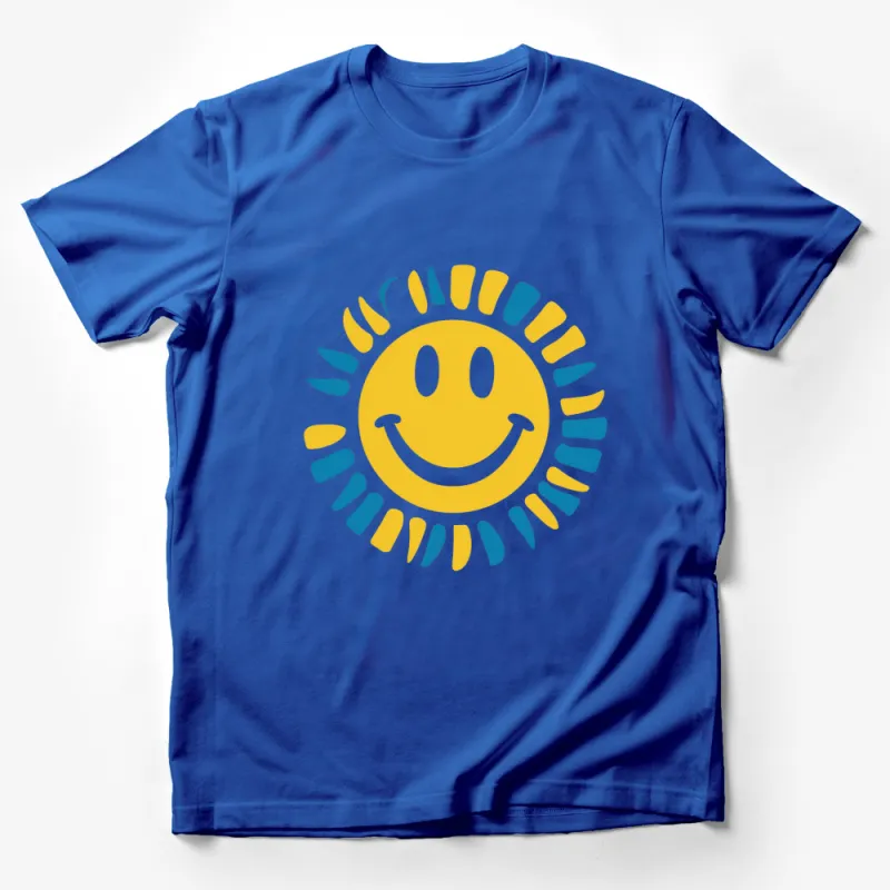 Sunny Smile T-Shirt, Bright Yellow and Blue Smiley Face, Unisex Graphic Tee, Casual Summer Fashion Male T-Shirt