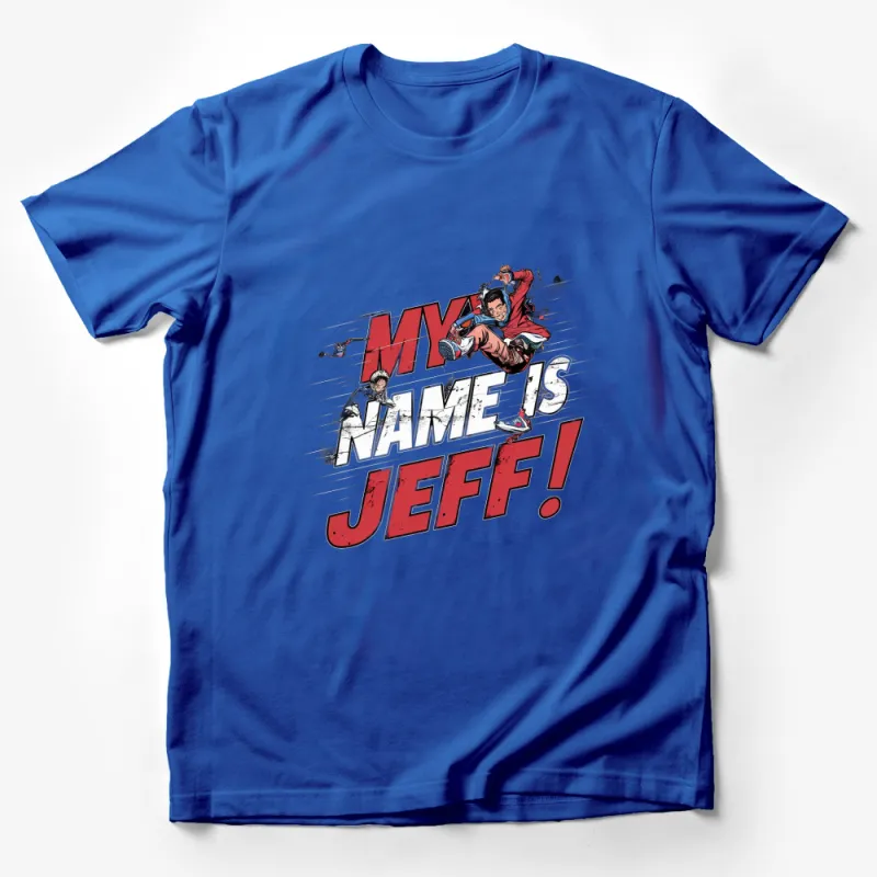 Vibrant My Name is Jeff T-Shirt, Colorful Comic Style Graphic Tee, Fun Casual Wear Male T-Shirt