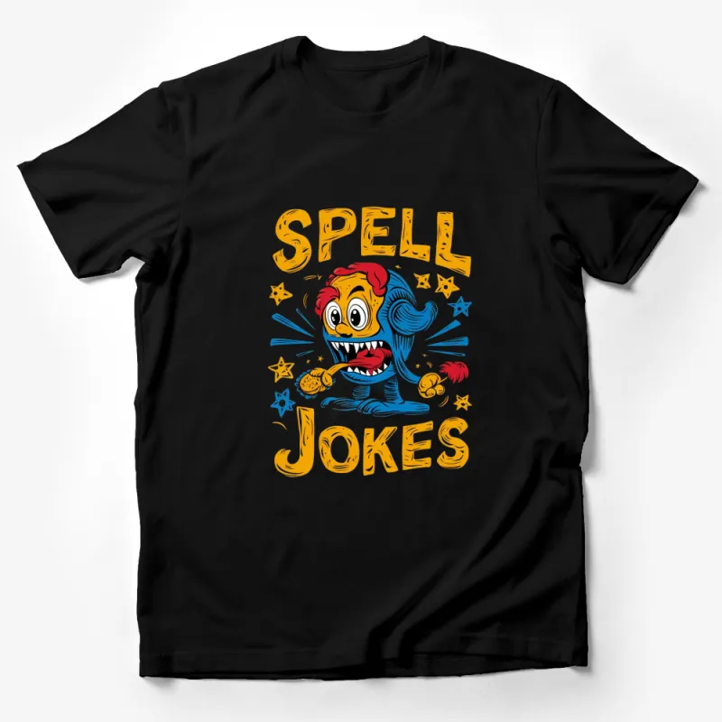 Fun Monster Spell Jokes Graphic T-shirt, Colorful Cartoon Print, Unisex Tee for All Ages, Casual Wear Male T-Shirt