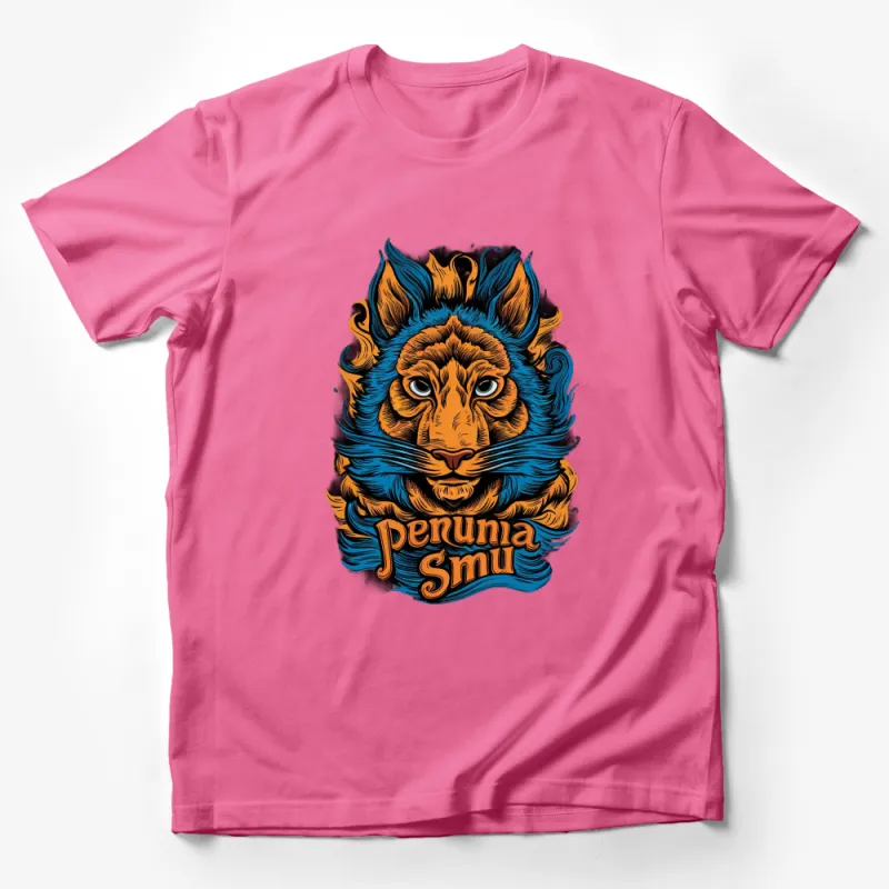 Unique Blue and Orange Lion Graphic T-Shirt, Bold Artistic Lion Face, Penuna Smu Design, Unisex Tee Male T-Shirt