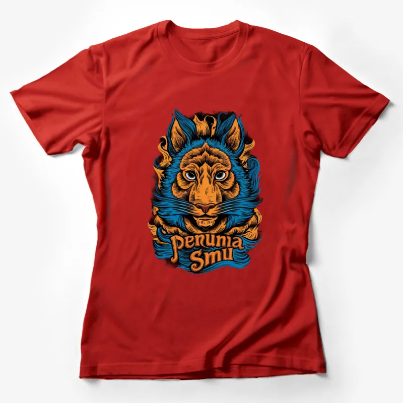 Unique Blue and Orange Lion Graphic T-Shirt, Bold Artistic Lion Face, Penuna Smu Design, Unisex Tee Female T-Shirt