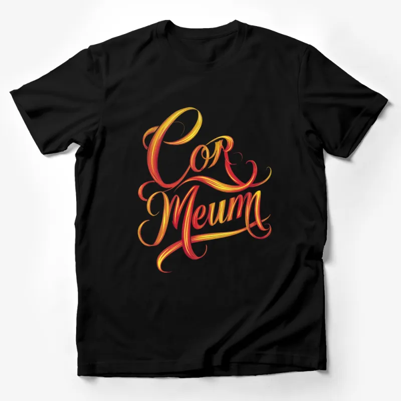 Elegant Cor Meum Script Typography T-shirt, Vibrant Yellow and Red Casual Wear Male T-Shirt