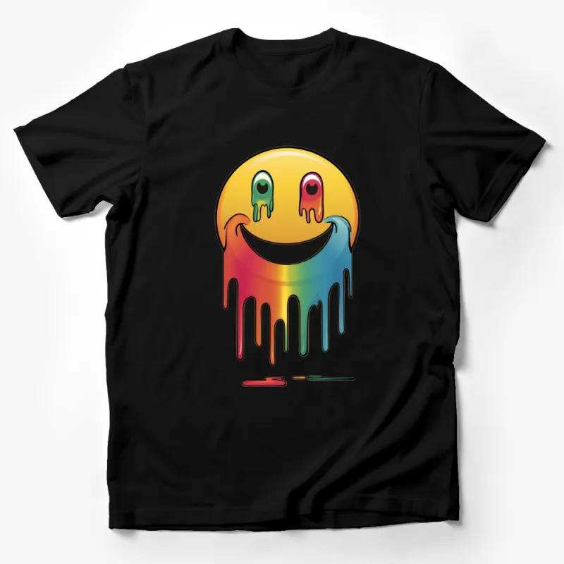 Colorful Dripping Smiley Face T-Shirt, Vibrant Rainbow Smile Graphic Tee, Unisex Fashion Streetwear Male T-Shirt