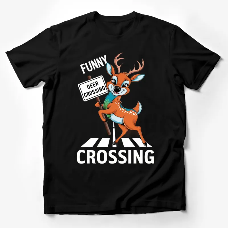 Funny Deer Crossing Sign Cartoon Graphic T-Shirt, Cute Animal Humor Tee, Playful Wildlife Fashion Apparel Male T-Shirt