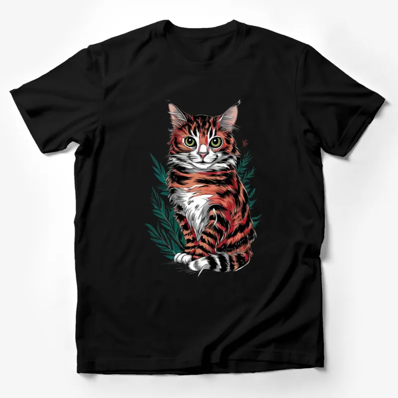 Colorful Cat T-Shirt, Whimsical Striped Cat with Leaves, Unique Graphic Tee for Cat Lovers Male T-Shirt