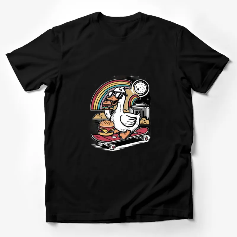 Cool Duck on Skateboard T-Shirt, Urban Streetwear, Burger and Rainbow Graphic Tee, Unisex Fashion Male T-Shirt