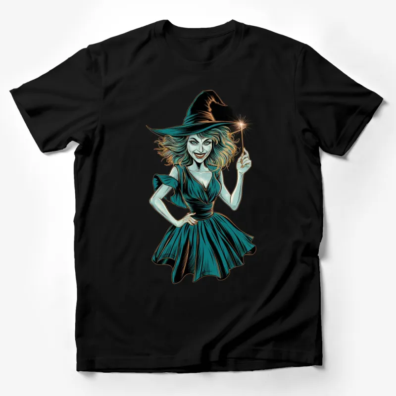 Witch Graphic T-Shirt, Sparkling Wand, Green Dress, Halloween Tee, Fun Costume Party Top Male T-Shirt