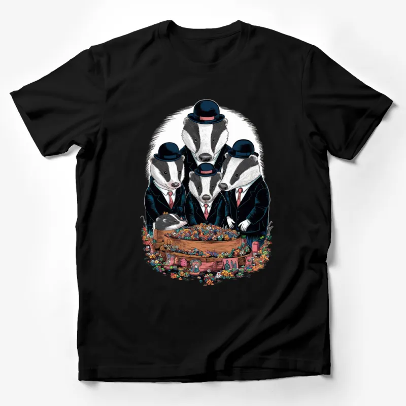 Unique Badger Family Dinner T-Shirt, Quirky Animal Art, Vintage Style Top Hat Illustration Male T-Shirt