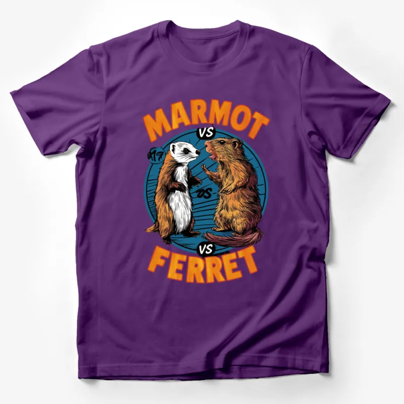 Marmot vs Ferret Comic Style T-Shirt, Funny Animal Battle Graphic Tee, Unique Wildlife Illustration Shirt Male T-Shirt