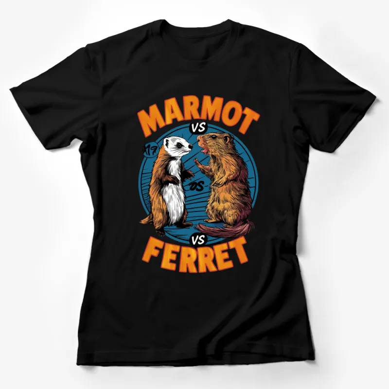 Marmot vs Ferret Comic Style T-Shirt, Funny Animal Battle Graphic Tee, Unique Wildlife Illustration Shirt Female T-Shirt