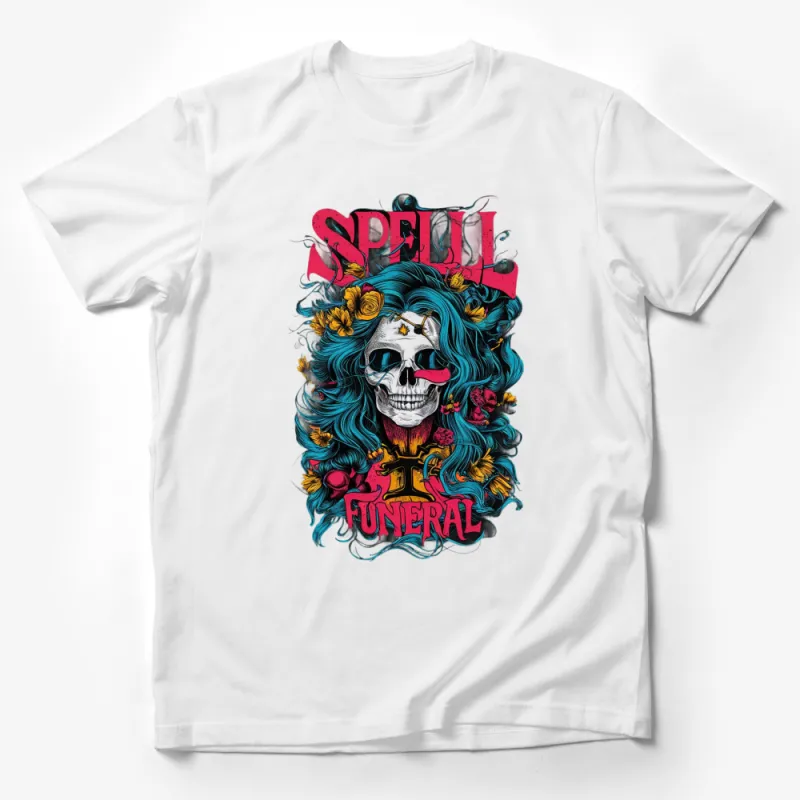 Gothic Skull T-Shirt, Spell Funeral Graphic Tee, Blue Hair Skull, Edgy Horror Fashion, Unique Gift Item Male T-Shirt