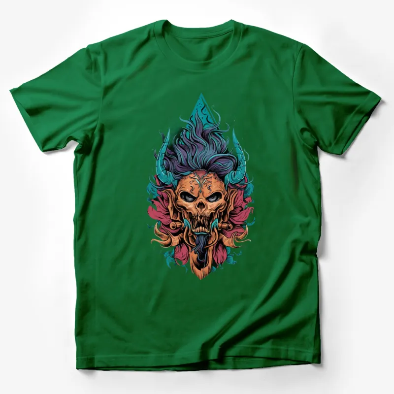 Fantasy Skull T-Shirt, Colorful Skull with Horns, Unique Graphic Tee, Unisex Adult Clothing Male T-Shirt