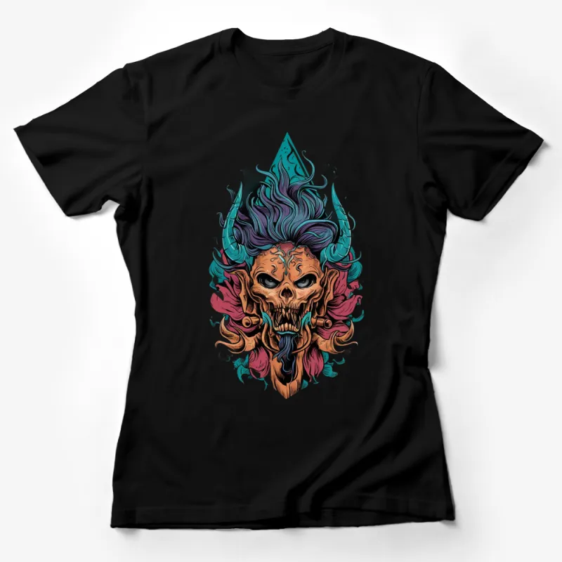 Fantasy Skull T-Shirt, Colorful Skull with Horns, Unique Graphic Tee, Unisex Adult Clothing Female T-Shirt